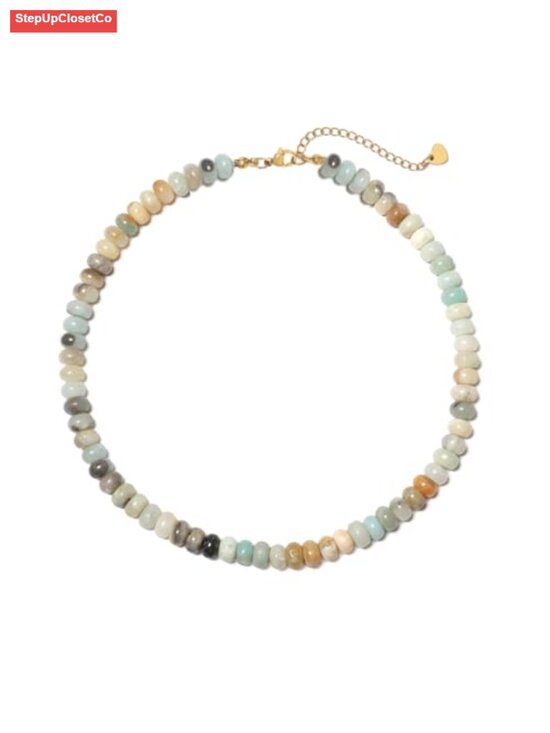 Jewelry - Amazonite Beaded Necklace, Boho Choker, Natural Stone Jewelry, Stainless Steel